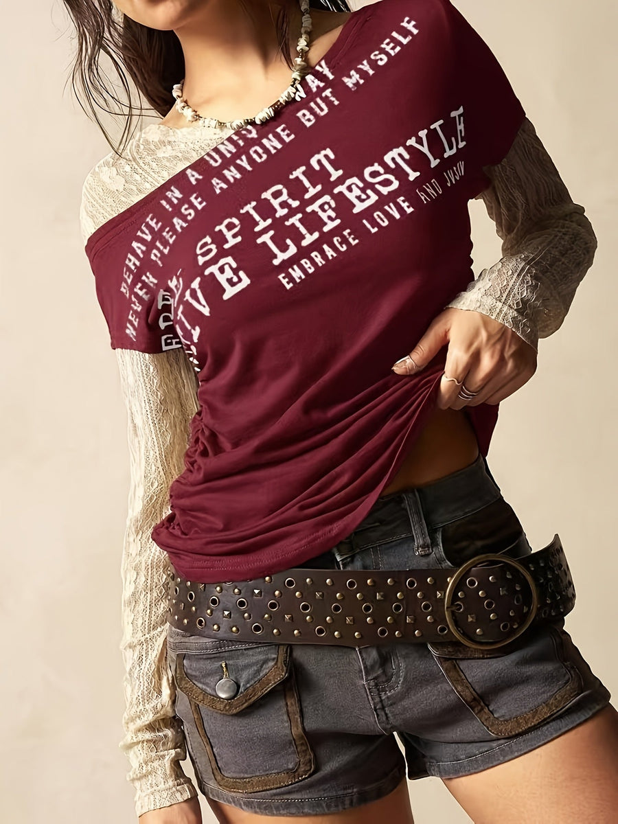 Damen Off-Shoulder T-Shirt mit Raffung und Druck, kurzärmlig