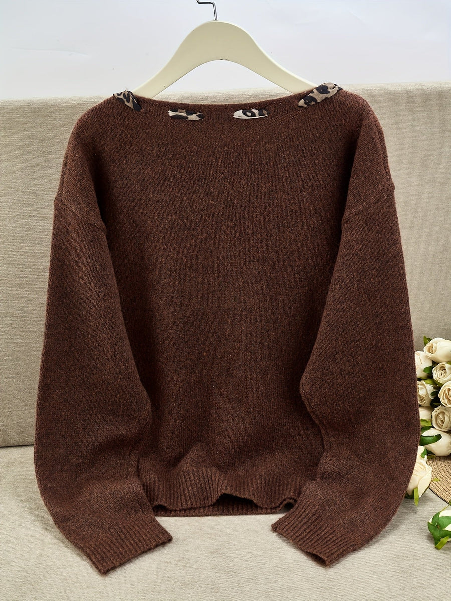 Damen Pullover mit Leopardenmuster Schal Ausschnitt Langarm Strickpullover