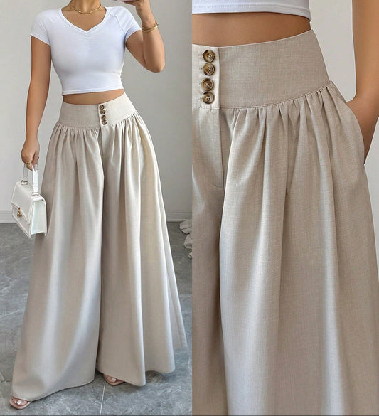 Damen Weite Palazzo-Hose mit High Waist und Knopfdetails – Elegante Freizeit- und Ausgeh-Hose