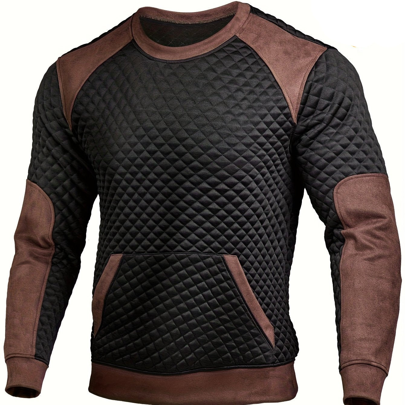 Herren Stepp-Sweatshirt Rundhals Schwarz-Braun mit Kängurutasche