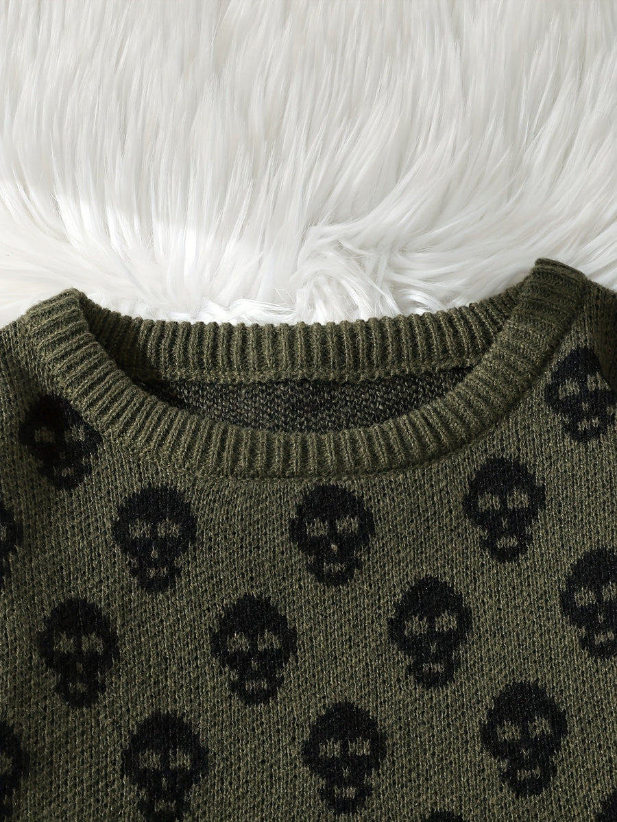 Unisex Strickpullover mit Rundhalsausschnitt und Totenkopfmuster