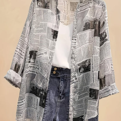 Damen Zeitungsprint Bluse mit Top und High-Waist Jeansshorts – Moderner Urban-Look