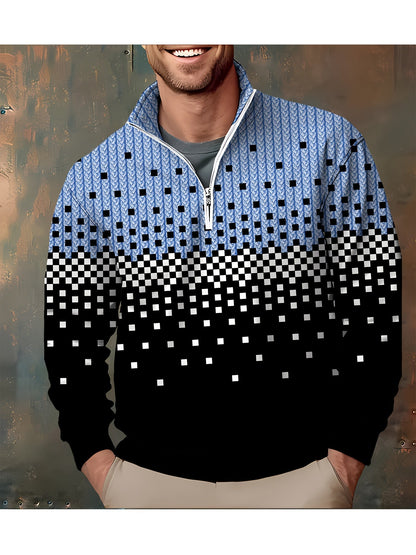 Herren Halb-Reißverschluss Pullover Strickmuster Quadratmuster Ombre Schwarz
