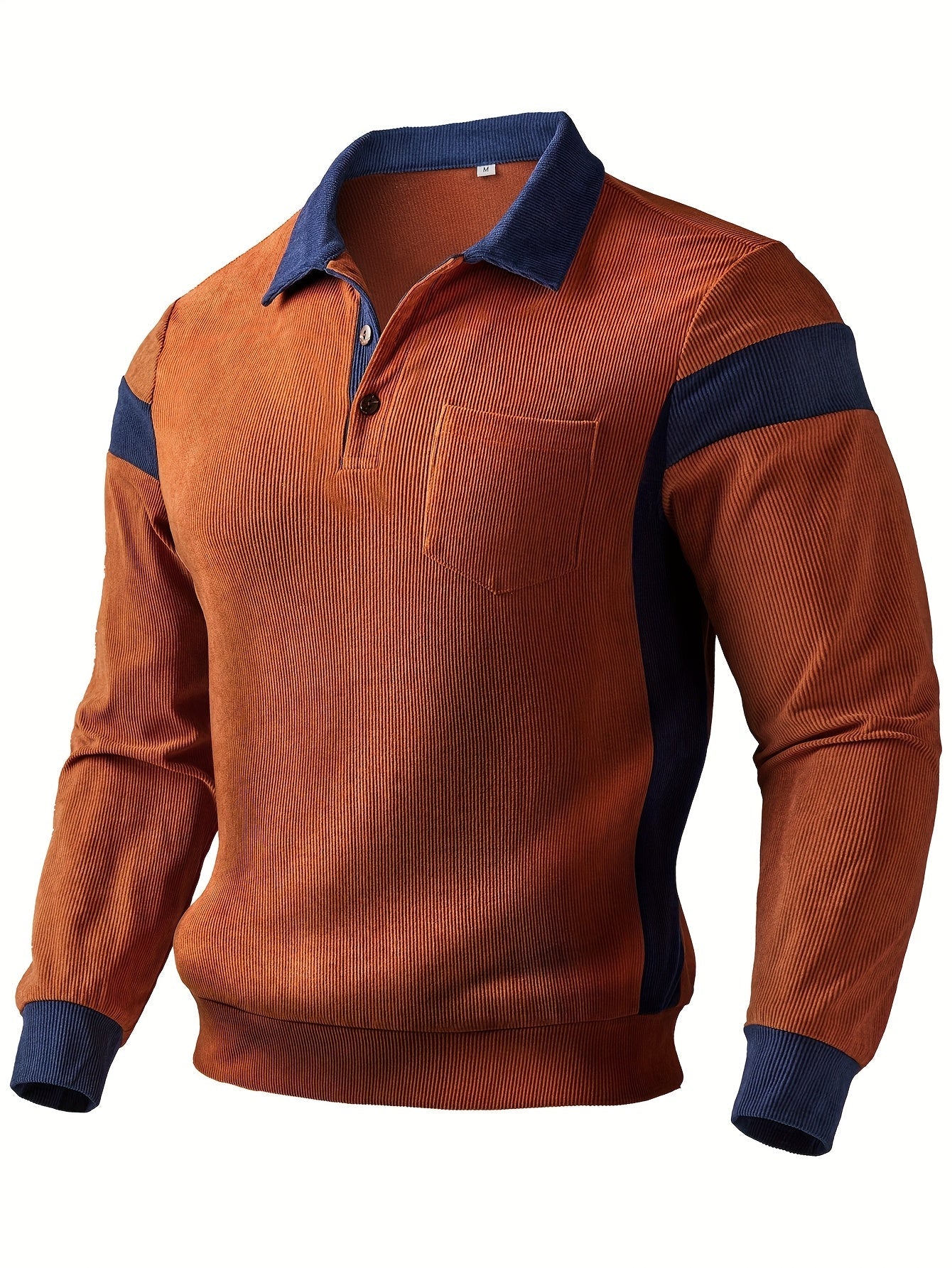 Herren Poloshirt Langarm Gerippt Rostbraun Marineblau Colorblock Freizeithemd mit Knopfleiste & Brusttasche