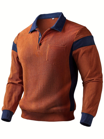 Herren Poloshirt Langarm Gerippt Rostbraun Marineblau Colorblock Freizeithemd mit Knopfleiste & Brusttasche