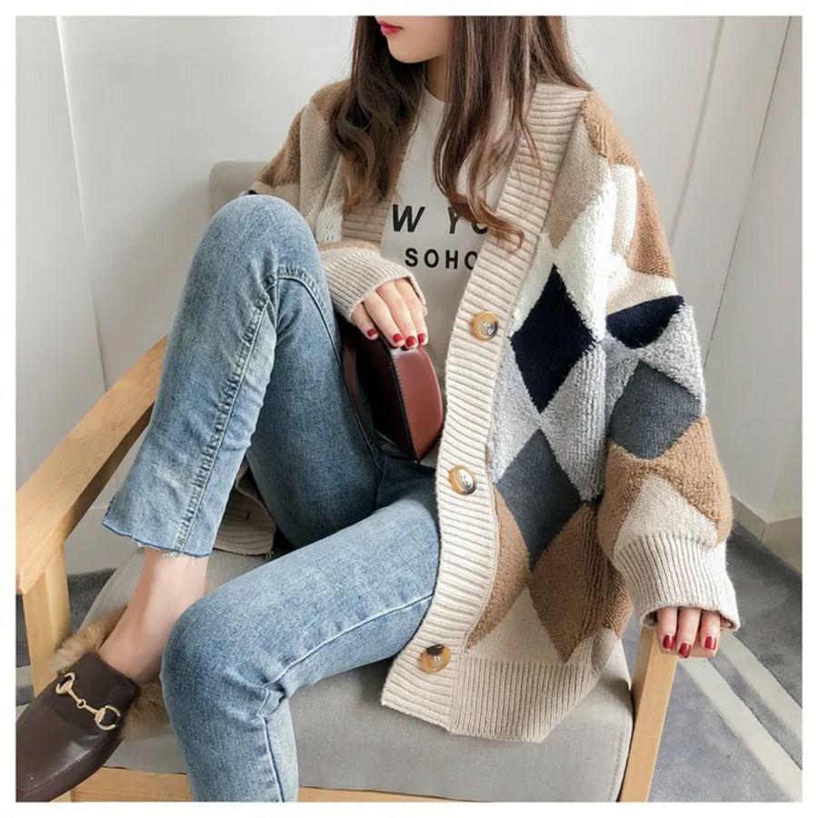 Dames gebreid vest met ruitpatroon, beige-khaki winterjas