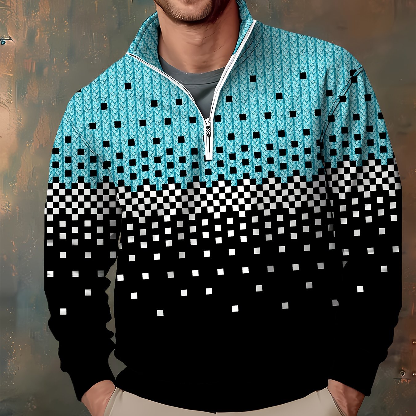 Herren Halb-Reißverschluss Pullover Strickmuster Quadratmuster Ombre Schwarz