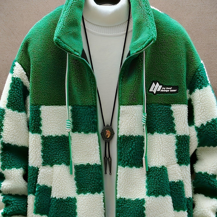 Teddyfleece Jacke Herren Kariert Blau Weiß Stehkragen Reißverschluss