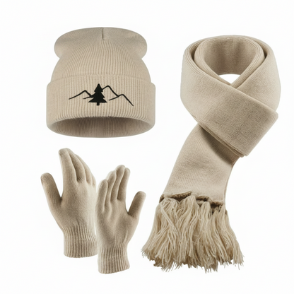 Unisex Winter Set Mütze Schal Handschuhe – Gestrickt mit Bergmotiv – In verschiedenen Farben