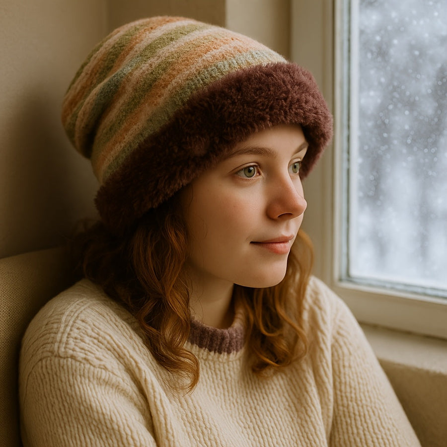 Unisex Beanie Mütze gestreift, weiches Futter, gestrickter Look, slouchy Style