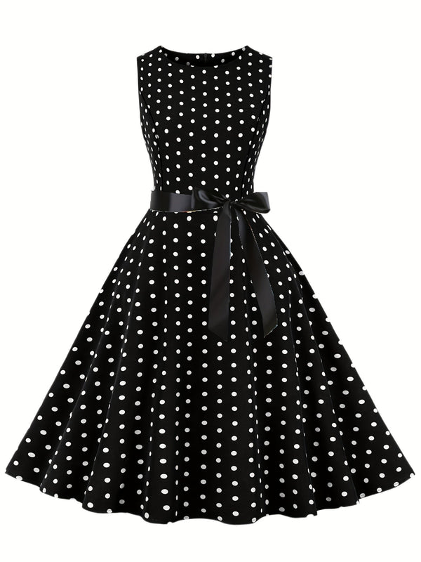 Dames vintage rockabillyjurk met stippen en strikceintuur, elegant, mouwloos, feestelijk en voor dagelijks gebruik