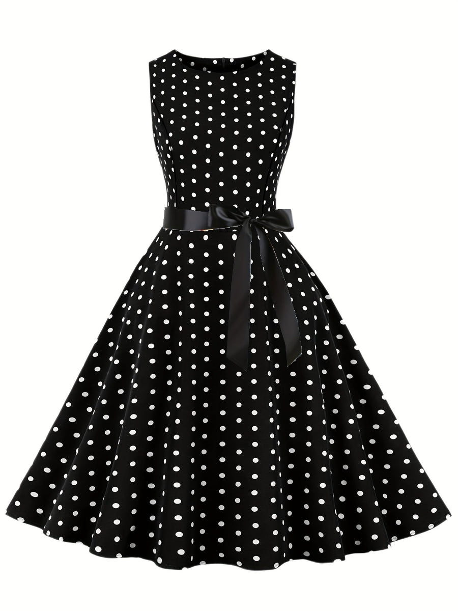 Damen Vintage Rockabilly Polka Dots Kleid mit Schleifen-Gürtel, Elegant, Ärmelos, Festlich & Alltag