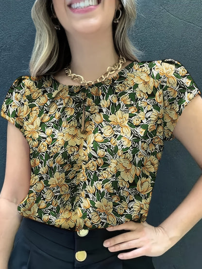 Damen Bluse mit floraler Musterung und kurzen Ärmeln – Eleganter, vielseitiger Style für Büro und Freizeit
