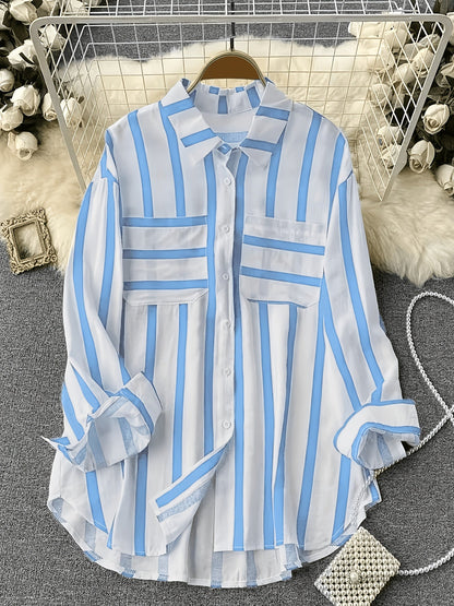 Damen Streifen-Bluse im klassischen Hemd-Stil – Modisches Freizeit- und Büro-Outfit