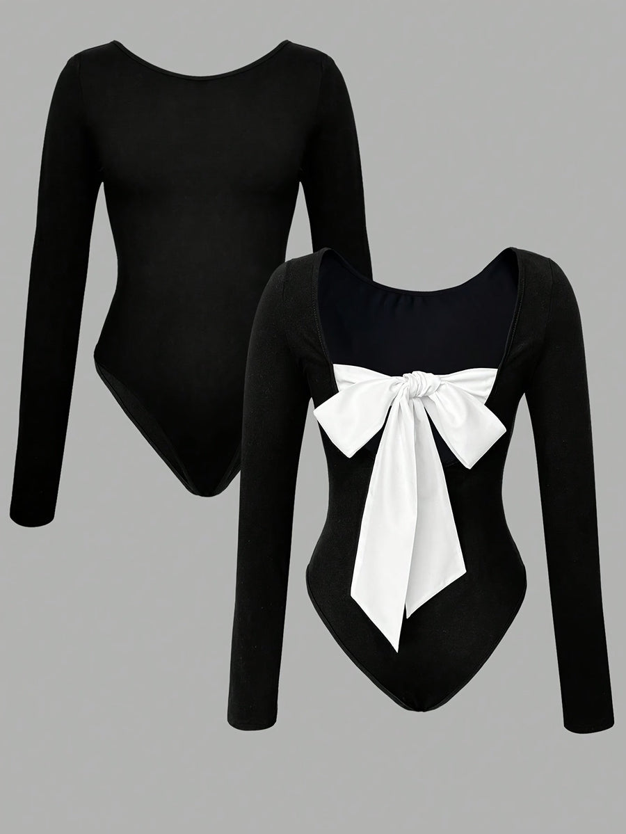 Damen Body Schwarz Langarm mit Weißer Schleife Vorn & Hinten