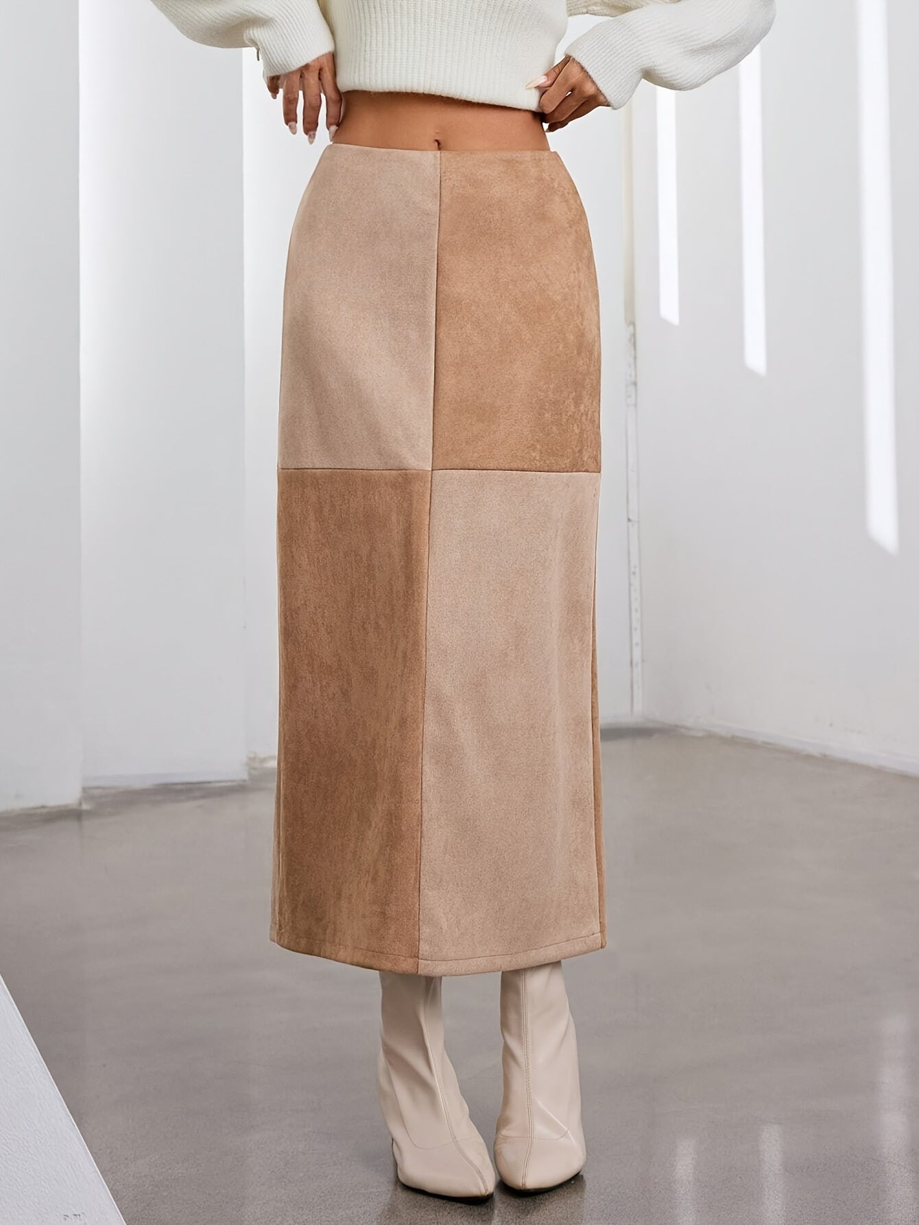 Damen Midi-Rock Patchwork A-Linie Zweifarbig mit hohem Bund