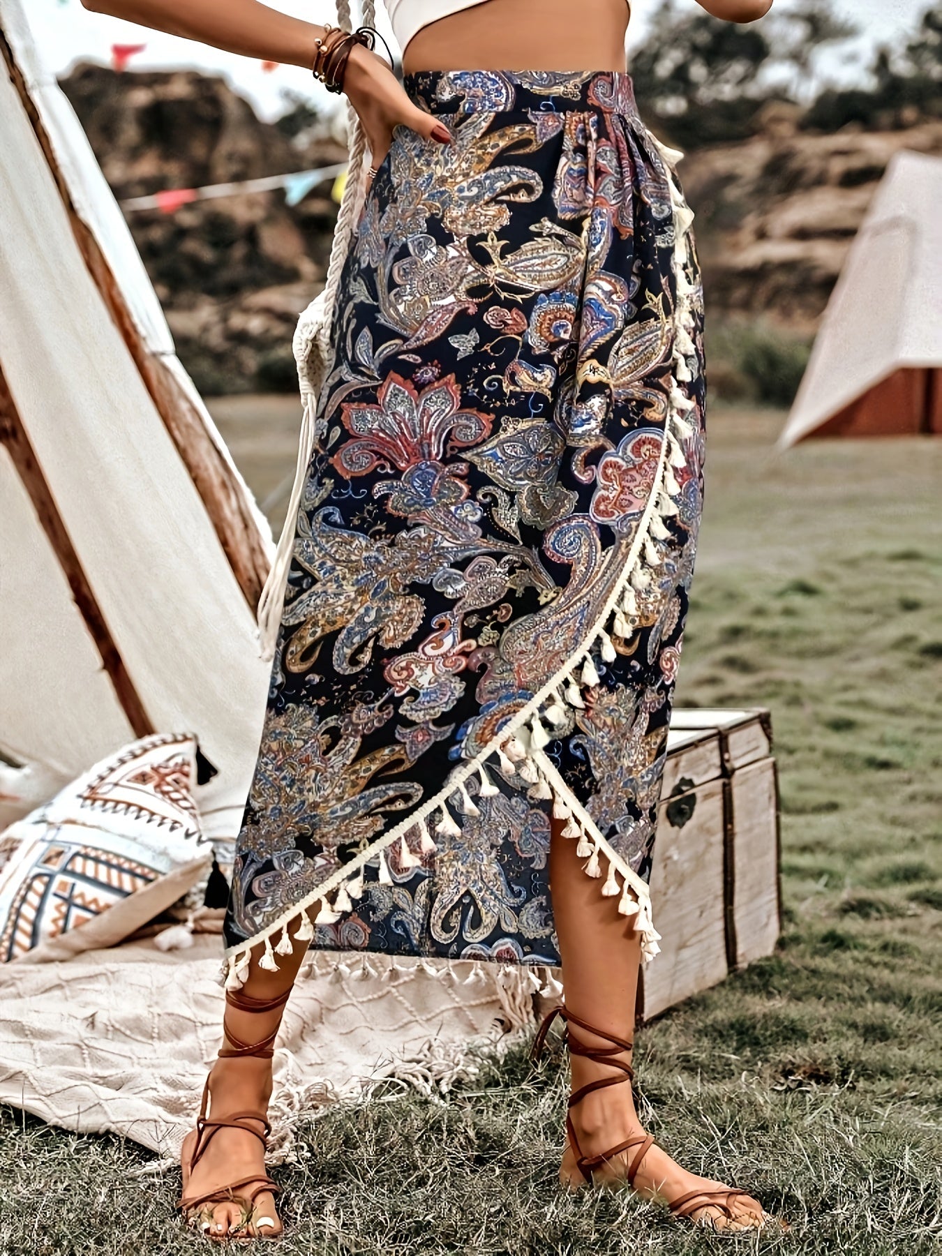 Damen Midirock Boho Wickelstil mit Paisley-Muster und Quasten für Freizeit und Festivals