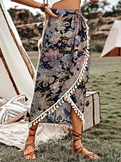 Damen Midirock Boho Wickelstil mit Paisley-Muster und Quasten für Freizeit und Festivals
