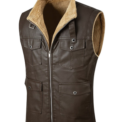 Herren Weste im Lederlook mit Teddyfutter und Reißverschluss, Multi-Taschen Design