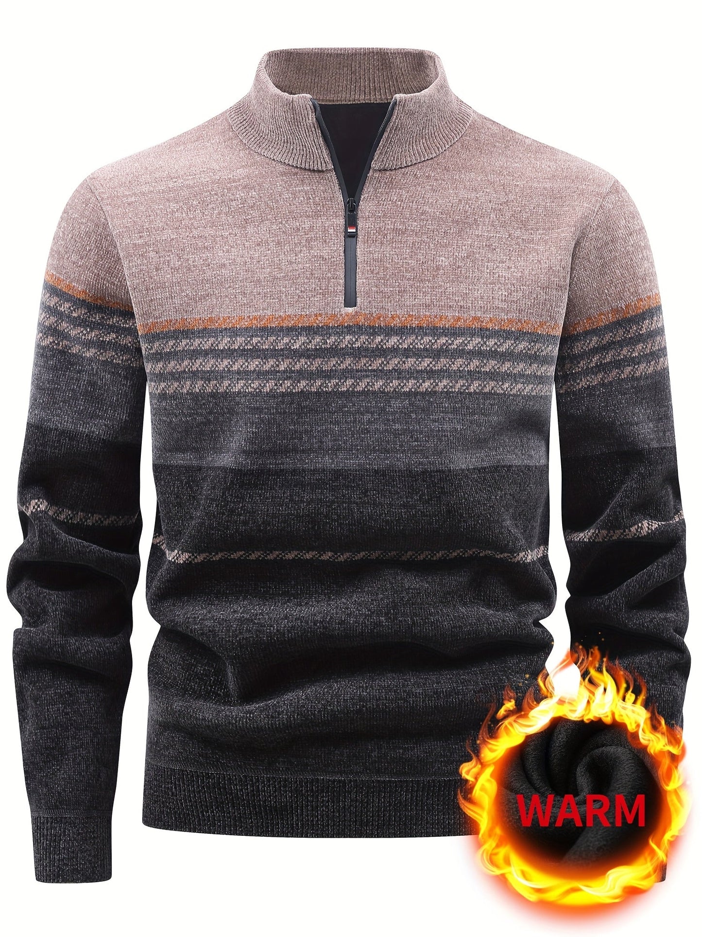 Herren Winter Pullover Half-Zip Stehkragen Gestreift Warm gefüttert