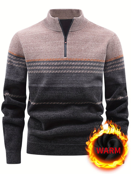 Herren Winter Pullover Half-Zip Stehkragen Gestreift Warm gefüttert