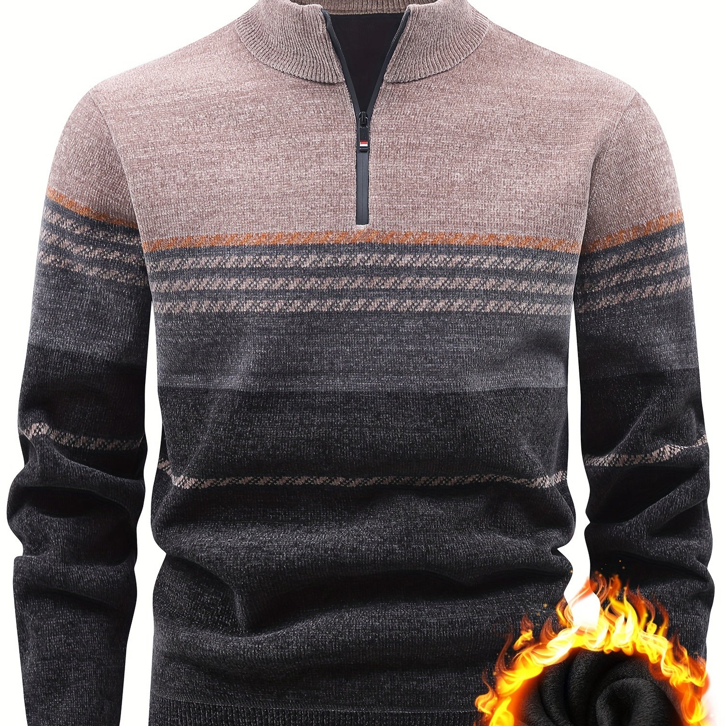 Herren Winter Pullover Half-Zip Stehkragen Gestreift Warm gefüttert