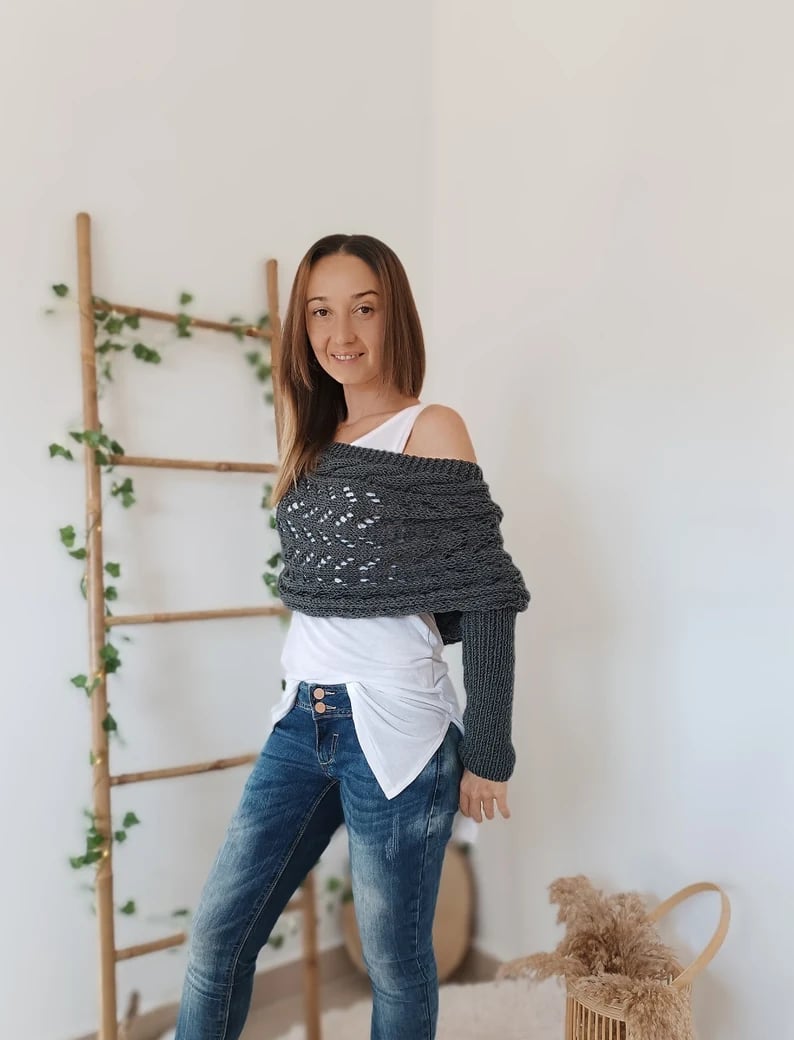 Damen Strick Bolero mit langen Ärmeln und Lochmuster