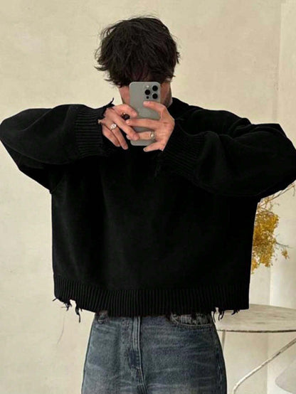 Unisex Distressed Pullover mit Rundhals und Rippstrickbündchen