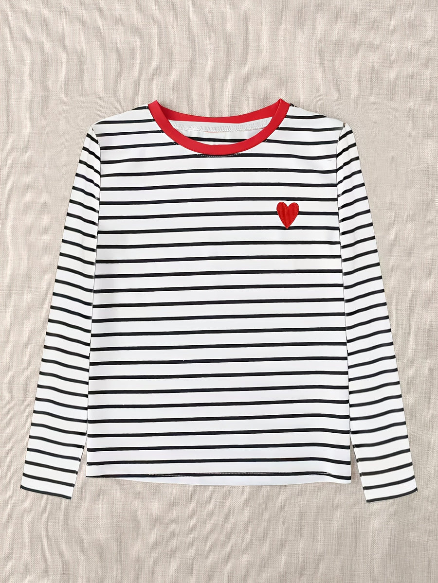 Langarmshirt Damen gestreift mit rotem Herz-Patch Schwarz Weiß