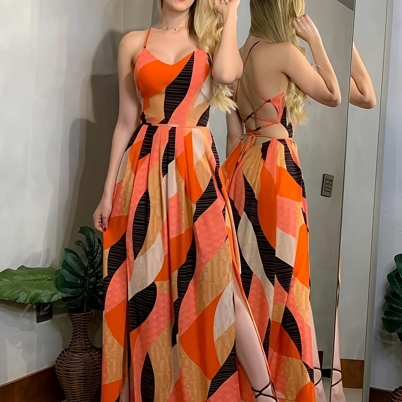 Damen Maxikleid mit abstraktem Muster und Schlitz – Eleganter Look für besondere Anlässe