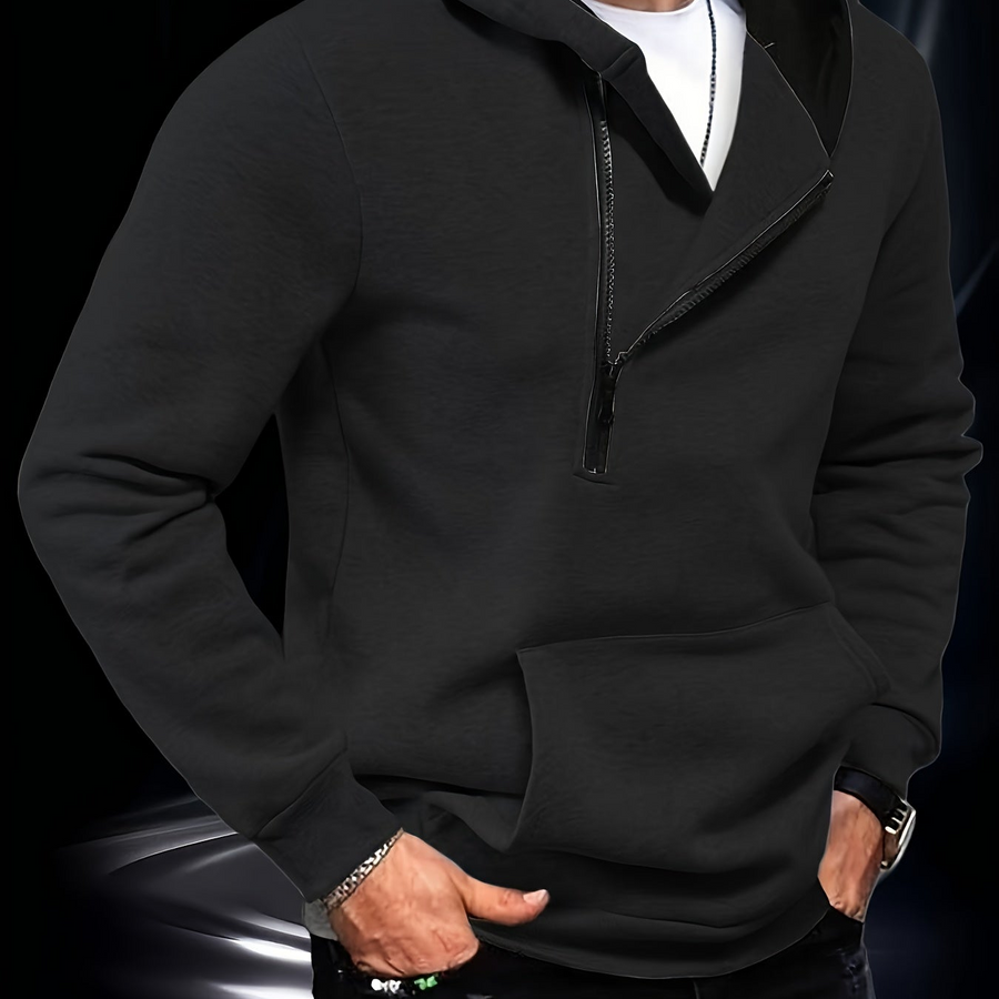 Herren Hoodie mit diagonalem Reißverschluss und Kängurutasche Weiß