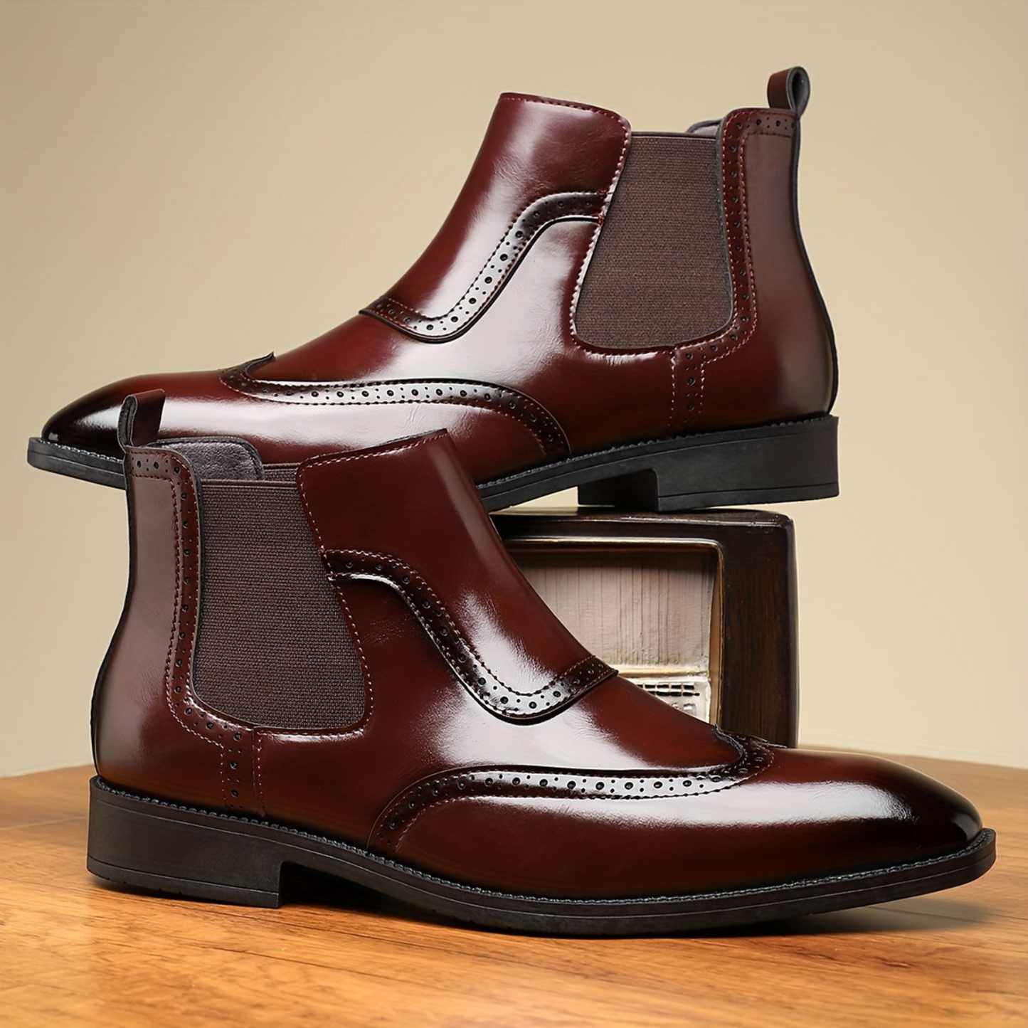 Herren Chelsea Boot Brogue Glatt Optik Elastikeinsatz Elegant Business