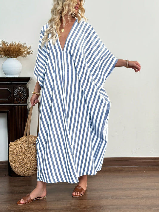 Damen Kaftan Maxikleid mit Streifen – Entspannter Boho-Style für Urlaub & Strand