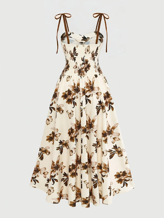 Damen Midikleid mit Blumenmuster und Schleifen-Trägern – Elegantes A-Linienkleid für besondere Anlässe