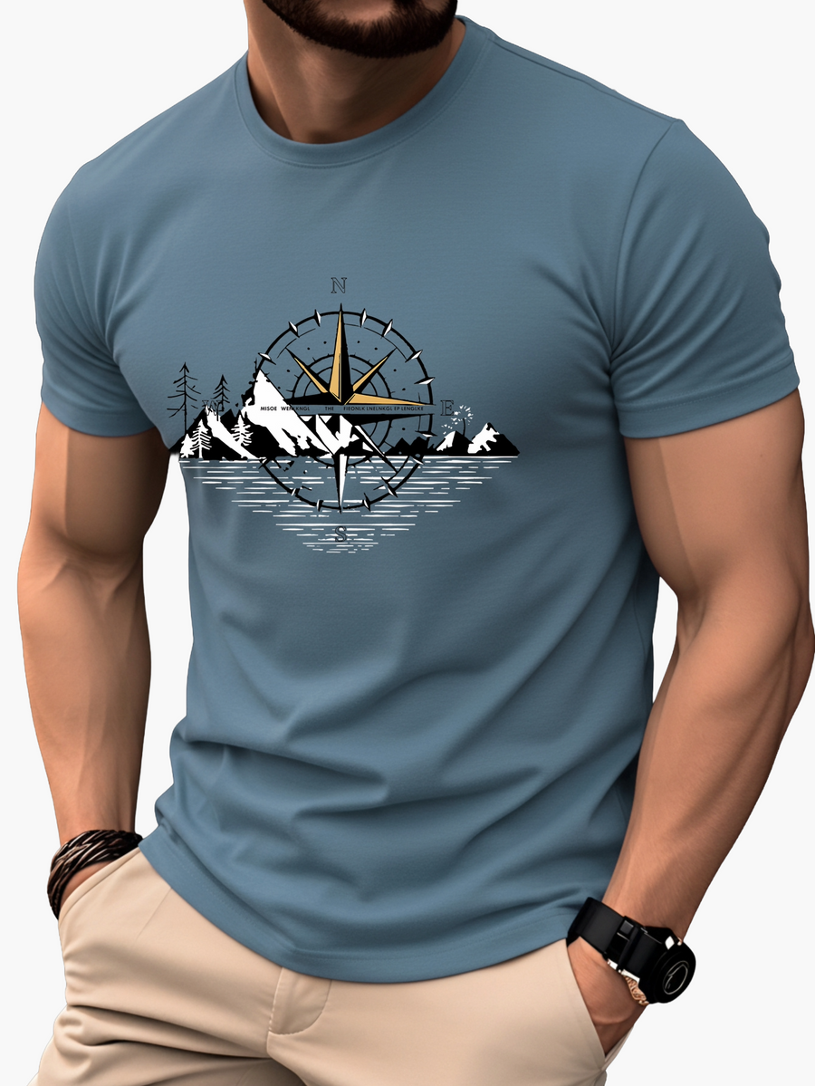 Herren T-Shirt mit Kompass- und Bergmotiv – Outdoor Abenteuer Stil