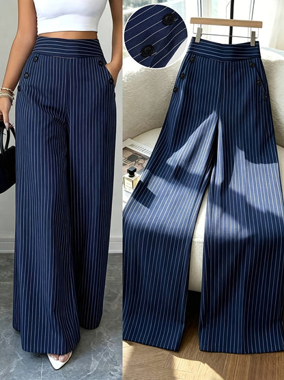 Damen Maritim-Style High-Waist Weitbein-Hose mit Streifen und Knopfdetails