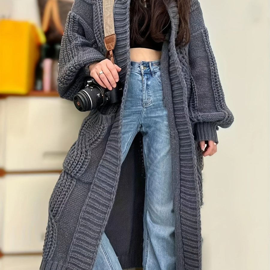 Damen Strickmantel Lang mit Kapuze Zopfmuster Strickjacke Grau