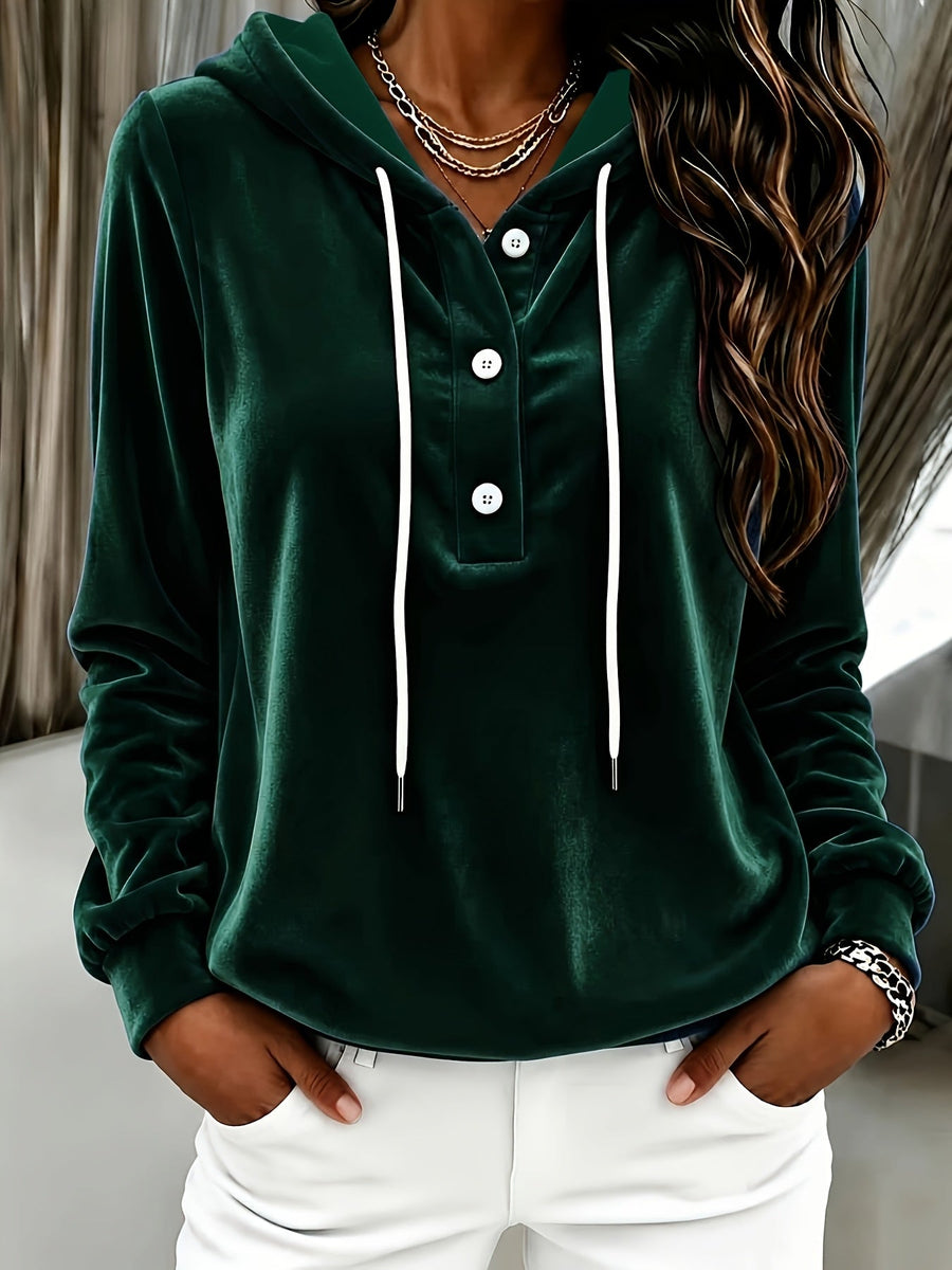 Damen Hoodie Samtoptik mit Kapuze und Knopfleiste, Langarm Sweatshirt Freizeitoberteil