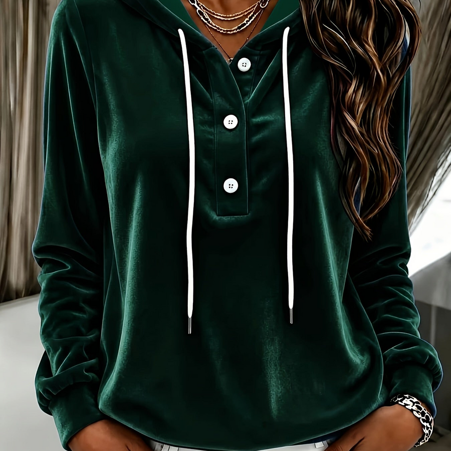 Damen Hoodie Samtoptik mit Kapuze und Knopfleiste, Langarm Sweatshirt Freizeitoberteil
