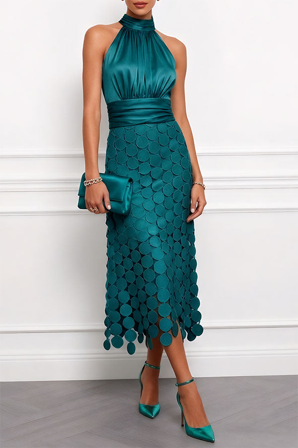 Damen Halter Neck Cocktailkleid mit Rüschen und Kreismuster