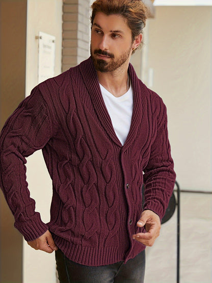 Herren Strickjacke Schalkragen Zopfmuster Knöpfe