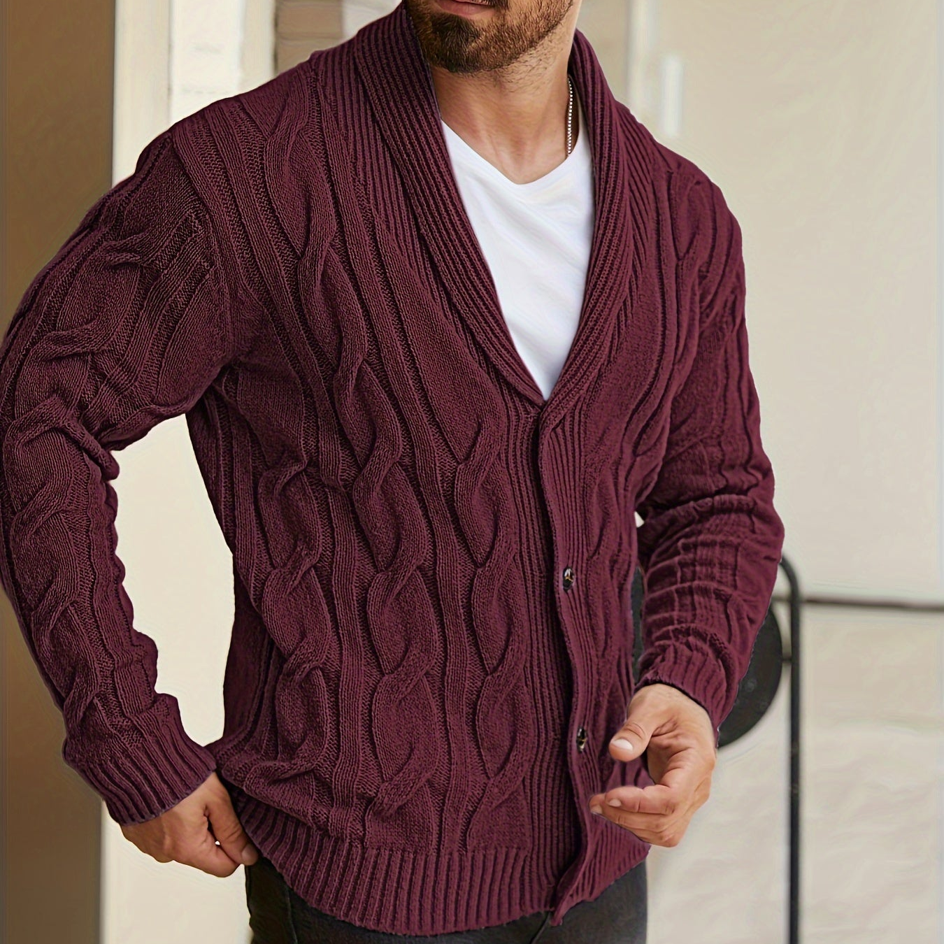 Herren Strickjacke Schalkragen Zopfmuster Knöpfe