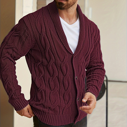 Herren Strickjacke Schalkragen Zopfmuster Knöpfe