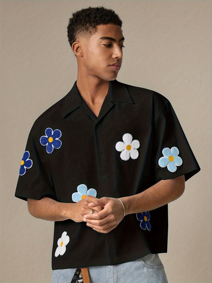 Herren Freizeit-Hemd mit Blumenstickerei und kurzem Ärmel – Modernes, verspieltes Design für Alltag und Ausgehen