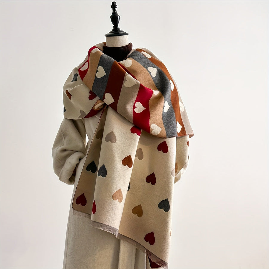 Weicher Schal mit Herzchenmuster – Warmer Winterschal mit Fransenenden
