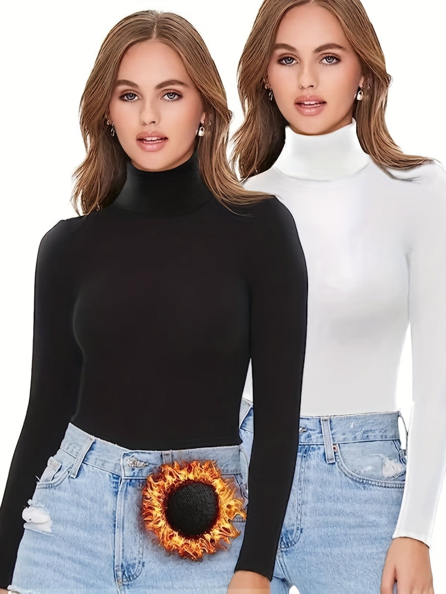 Damen Rollkragen Langarmshirt Eng Anliegend Einfarbig Basic Top