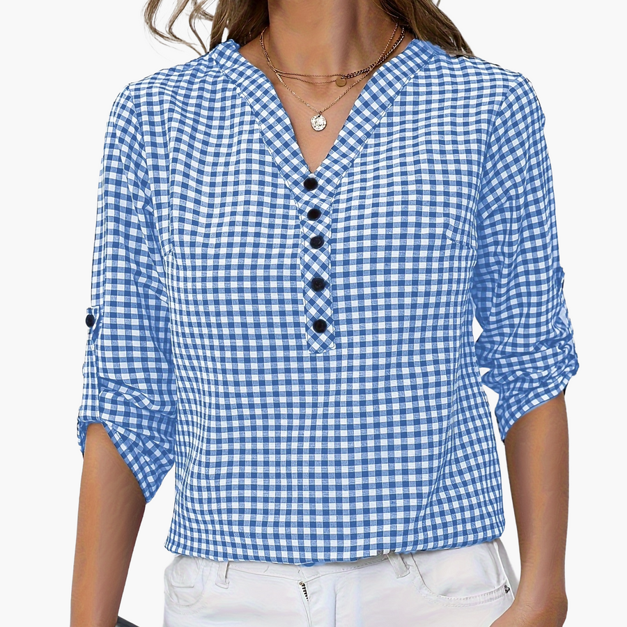 Damen Casual Karo Bluse mit Knopfleiste und 3/4-Ärmeln – Perfekt für Alltag & Freizeit