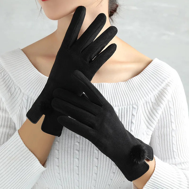 Damen Handschuhe mit Zierschnalle oder Pompon in verschiedenen Farben