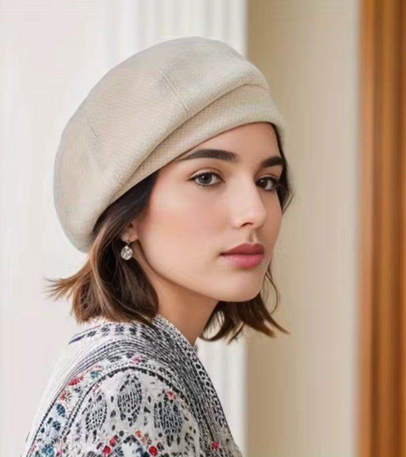Damen Barett Mütze mit Karomuster Beige