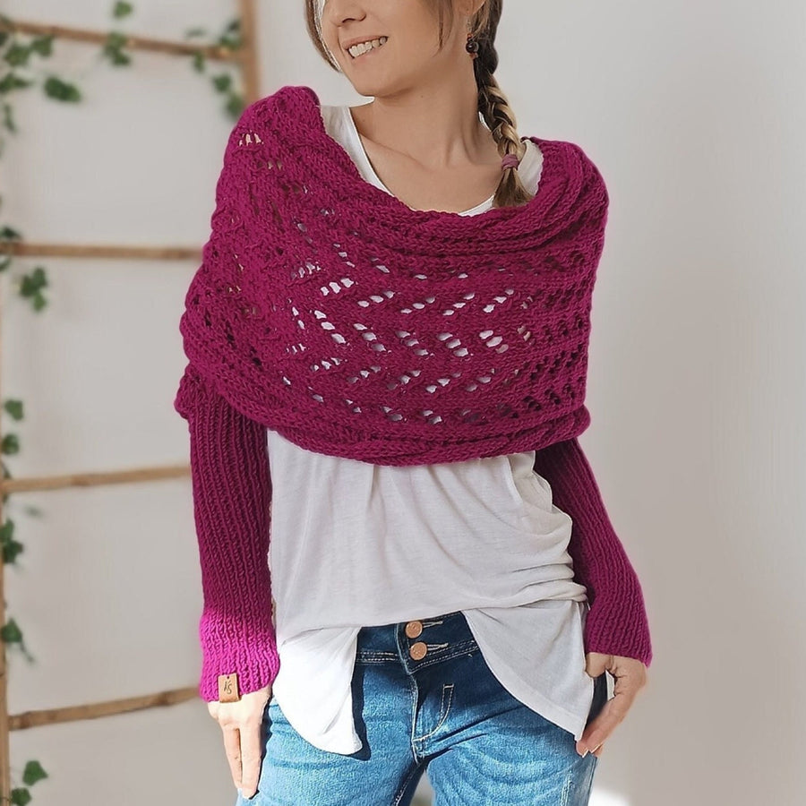 Gestrickter Bolero mit Ärmeln, Wickel-Design und Lochmuster in verschiedenen Farben